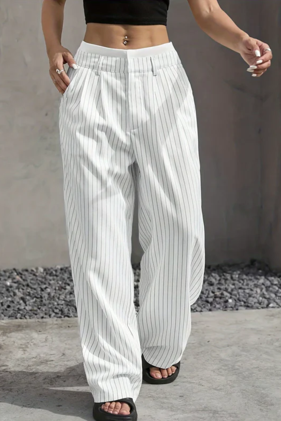 Striped Pockets Wide Leg Pants