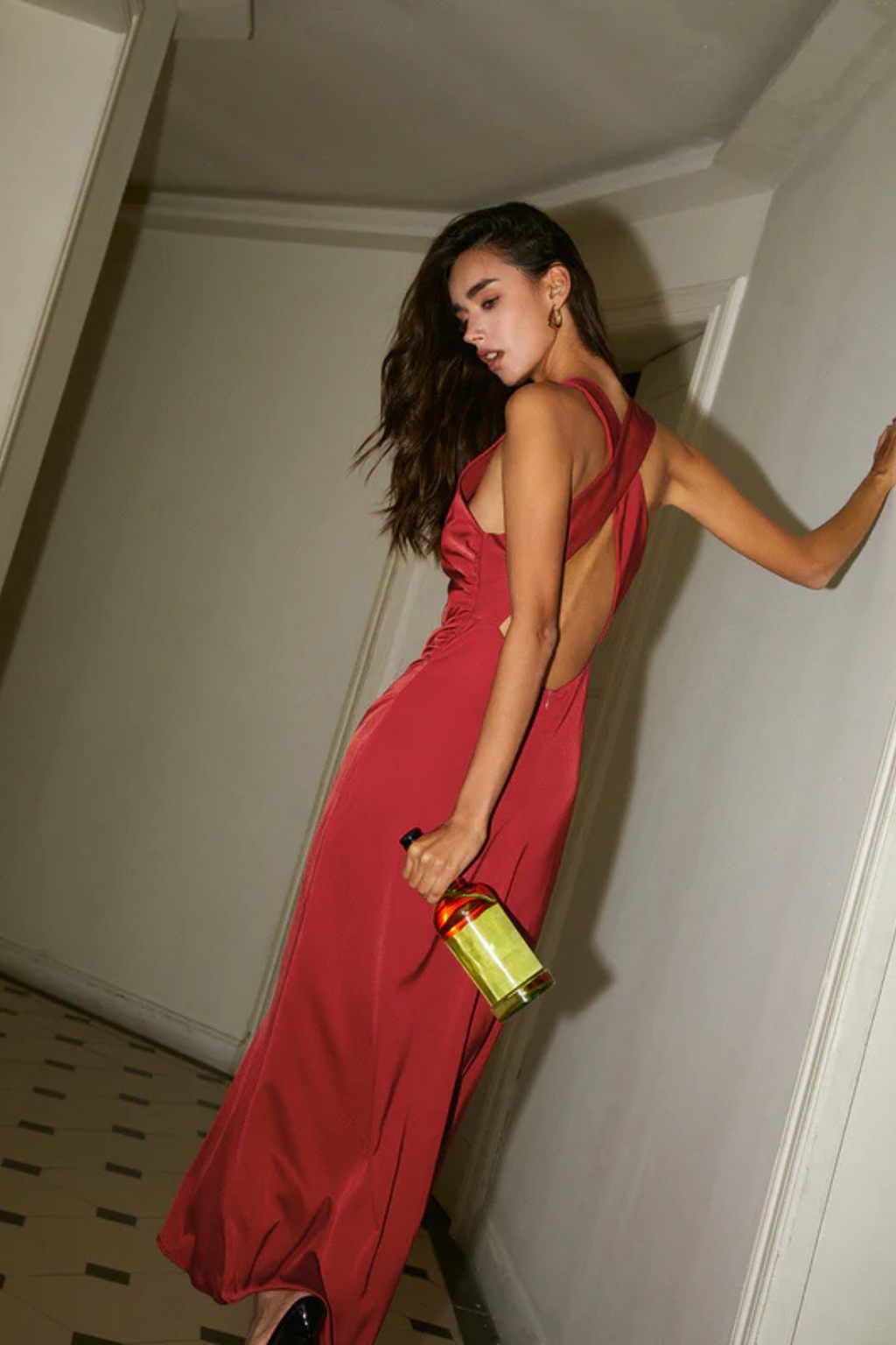 Cowl Neck Satin Back Cross Long Dress