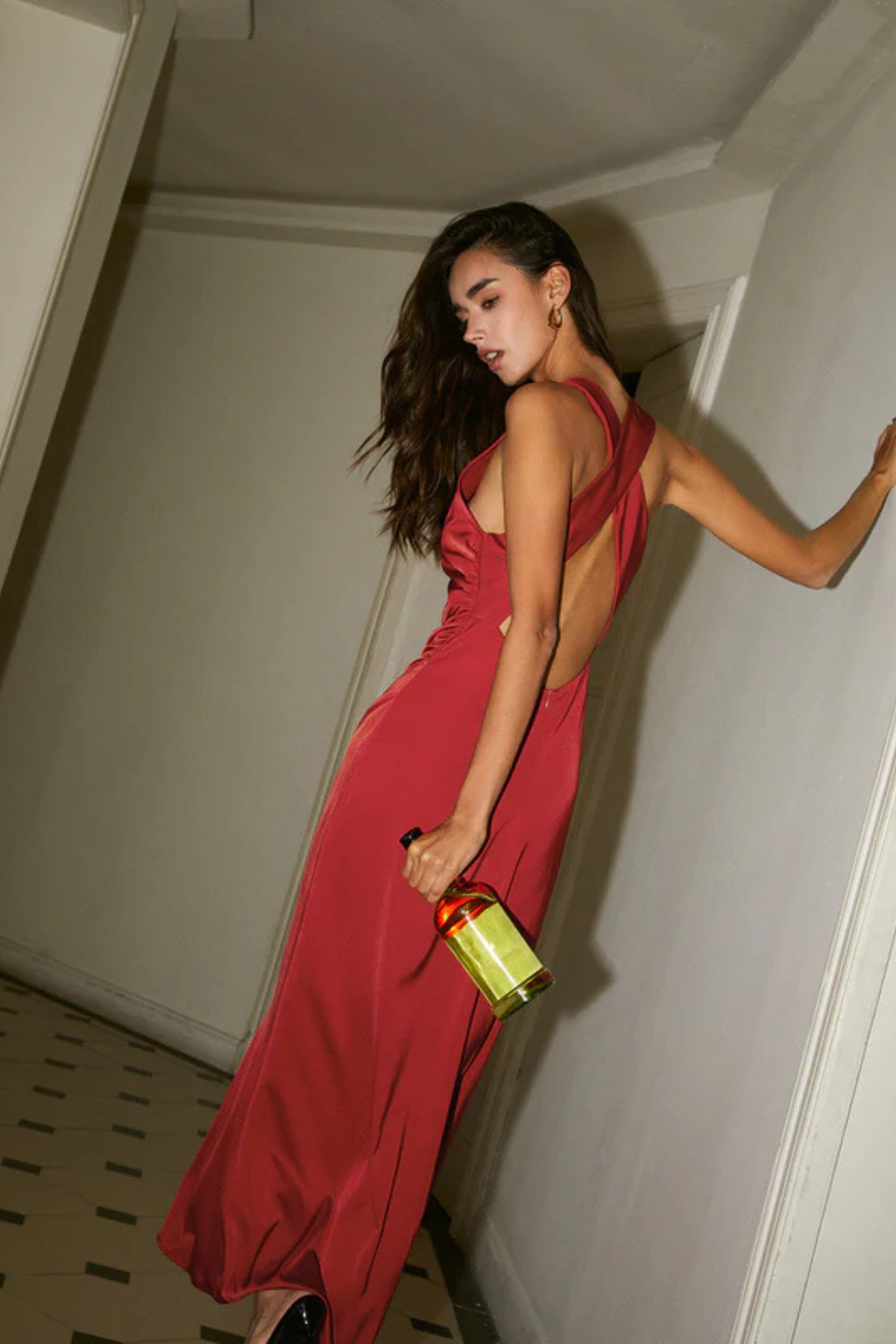 Cowl Neck Satin Back Cross Long Dress