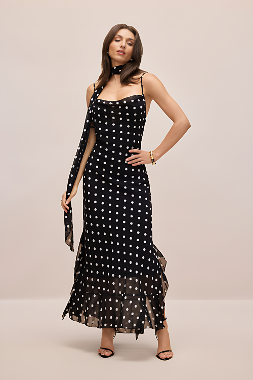 Black and Cream Polkadot Ruffle Maxi Dress