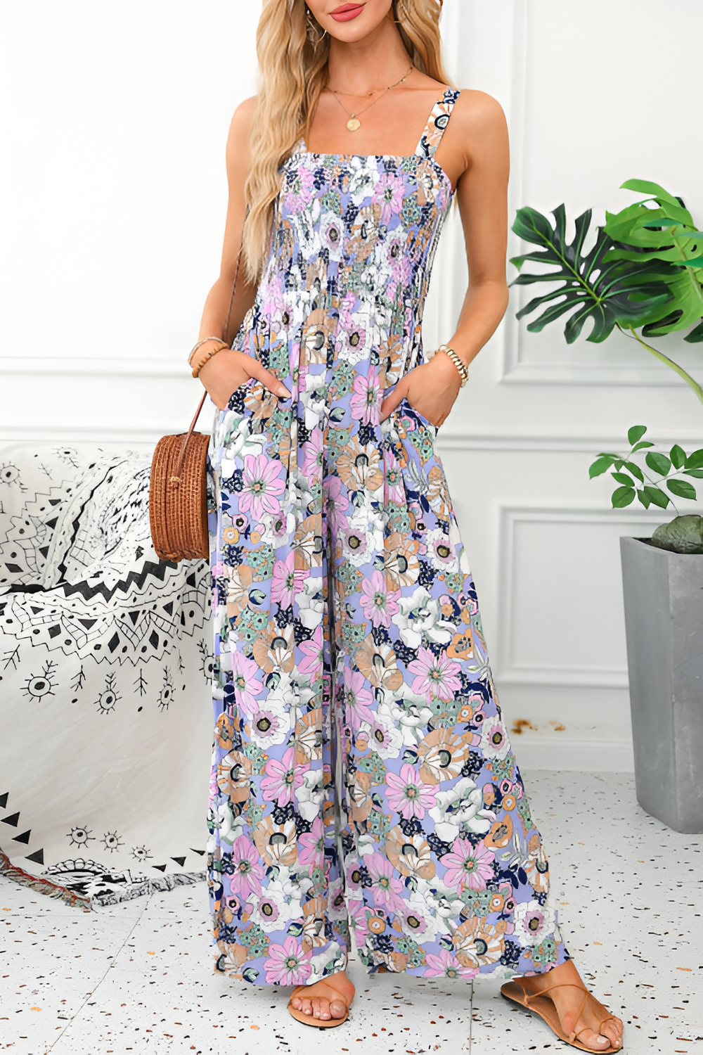 Women's Overalls Casual Floral Print Sleeveless Jumpsuit with Pockets