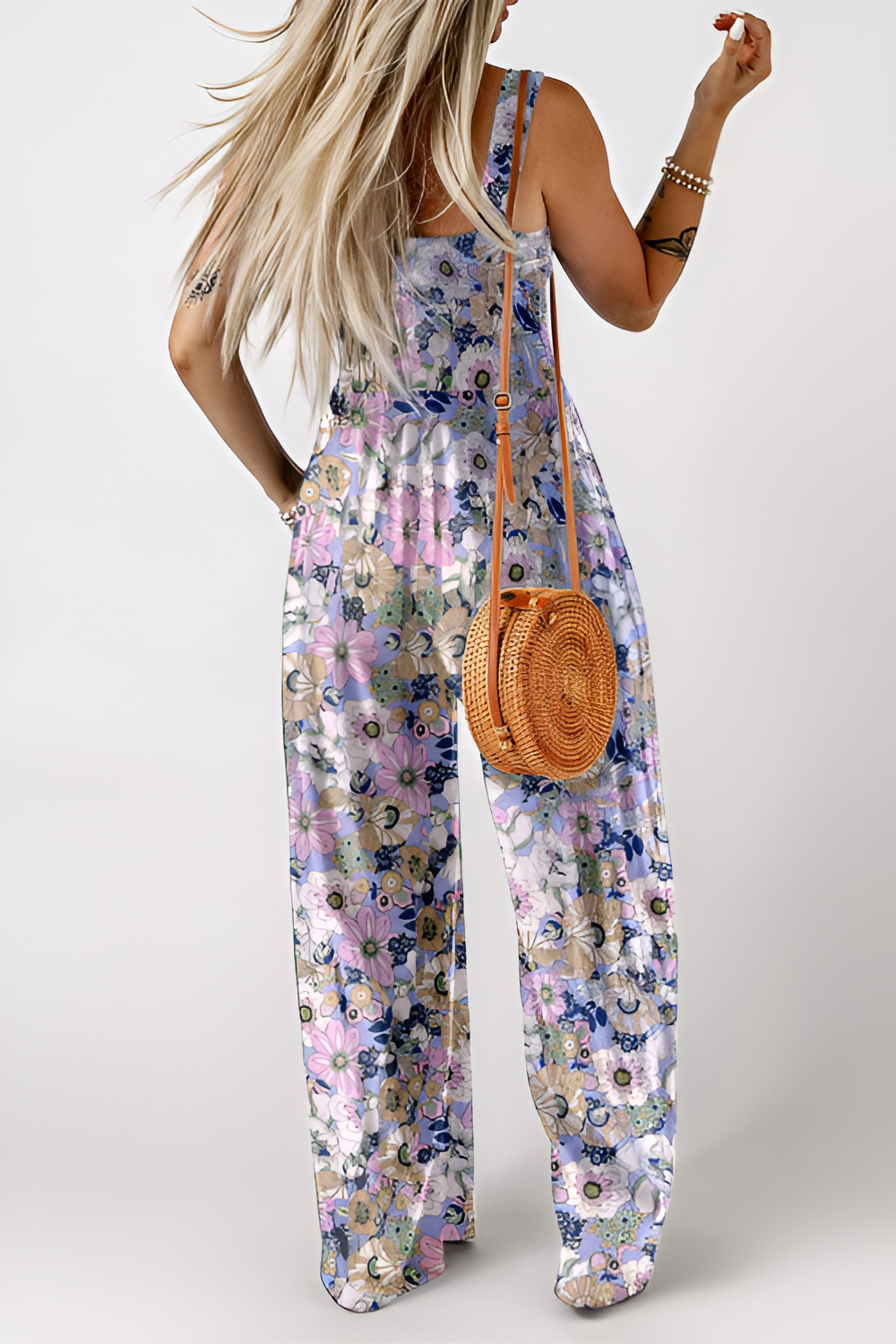 Women's Overalls Casual Floral Print Sleeveless Jumpsuit with Pockets