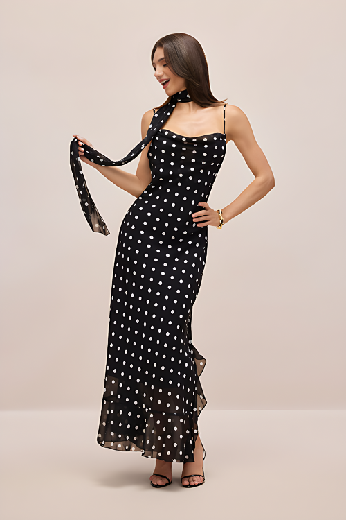 Black and Cream Polkadot Ruffle Maxi Dress