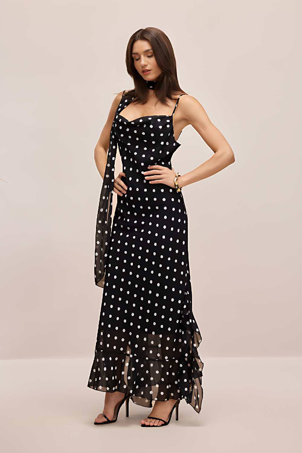 Black and Cream Polkadot Ruffle Maxi Dress