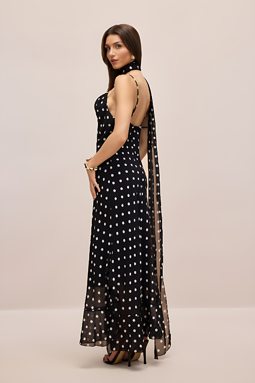 Black and Cream Polkadot Ruffle Maxi Dress
