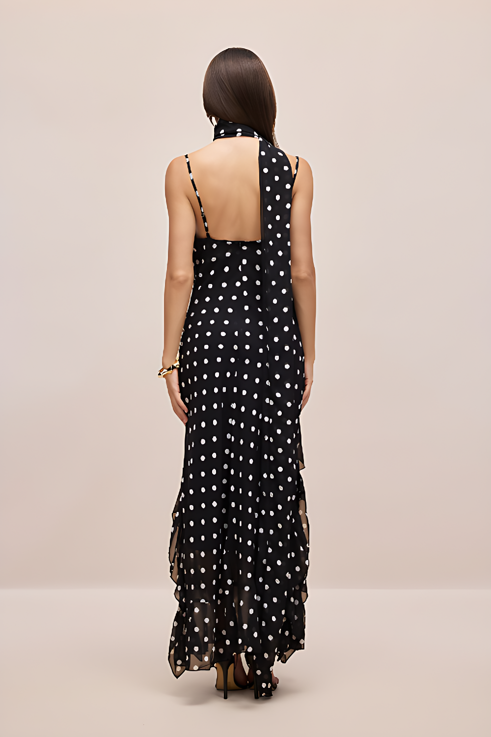 Black and Cream Polkadot Ruffle Maxi Dress