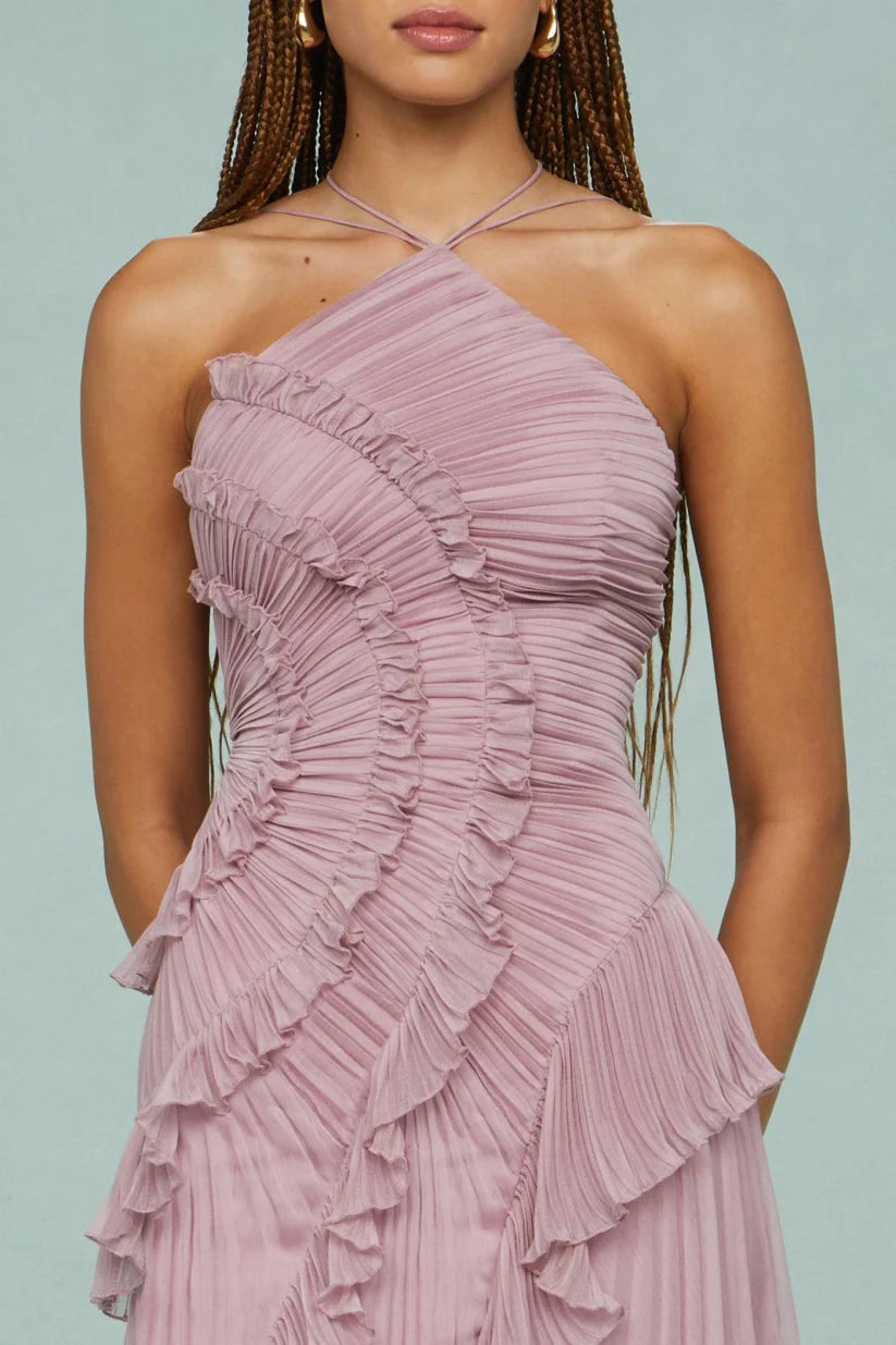 Pleated Frill Halter Neck Maxi Dress