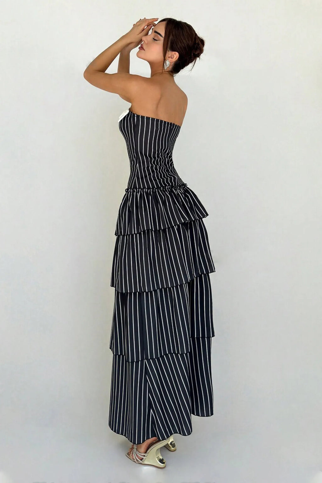 Stripe Bow Ruffle Split Maxi Dress
