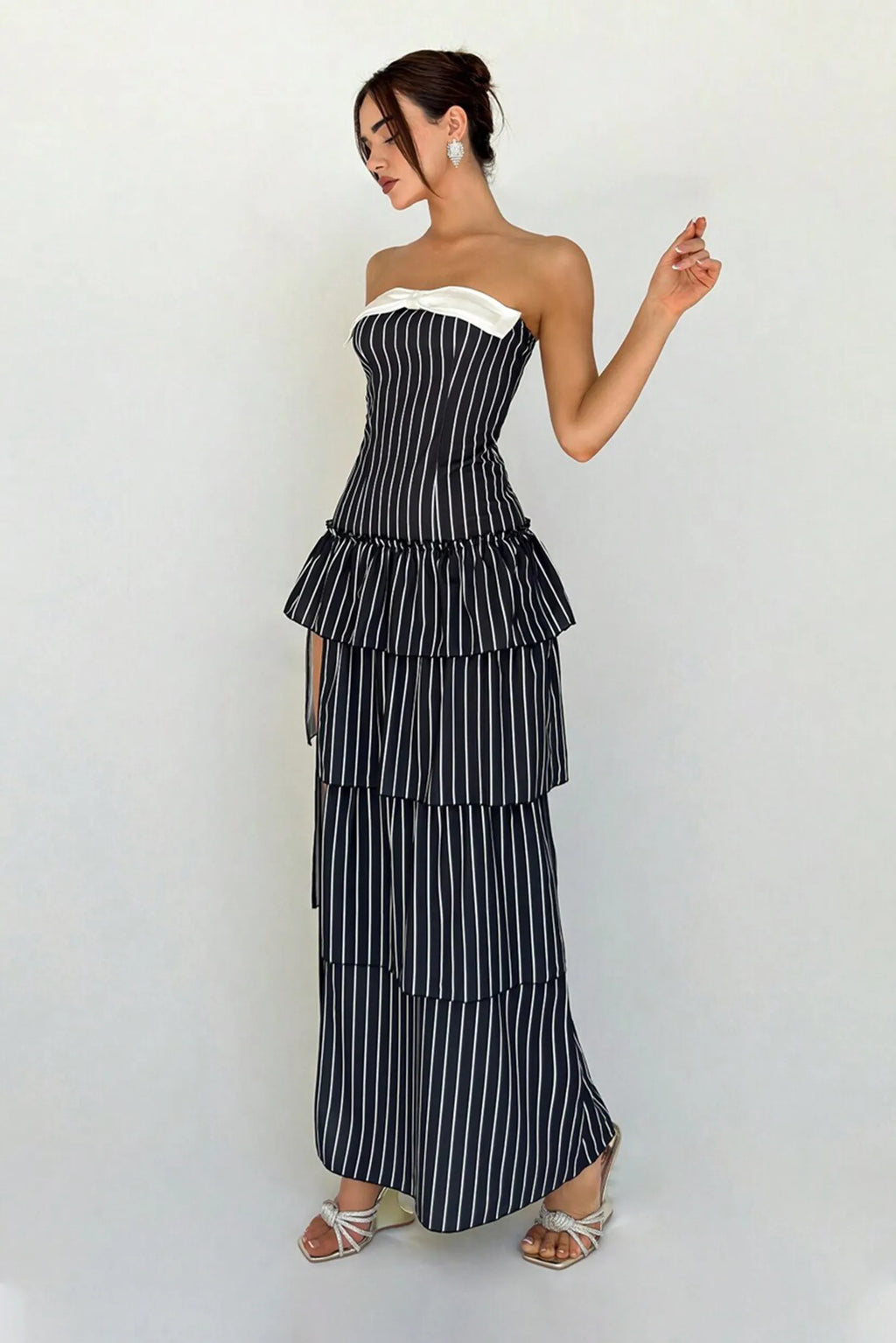 Stripe Bow Ruffle Split Maxi Dress