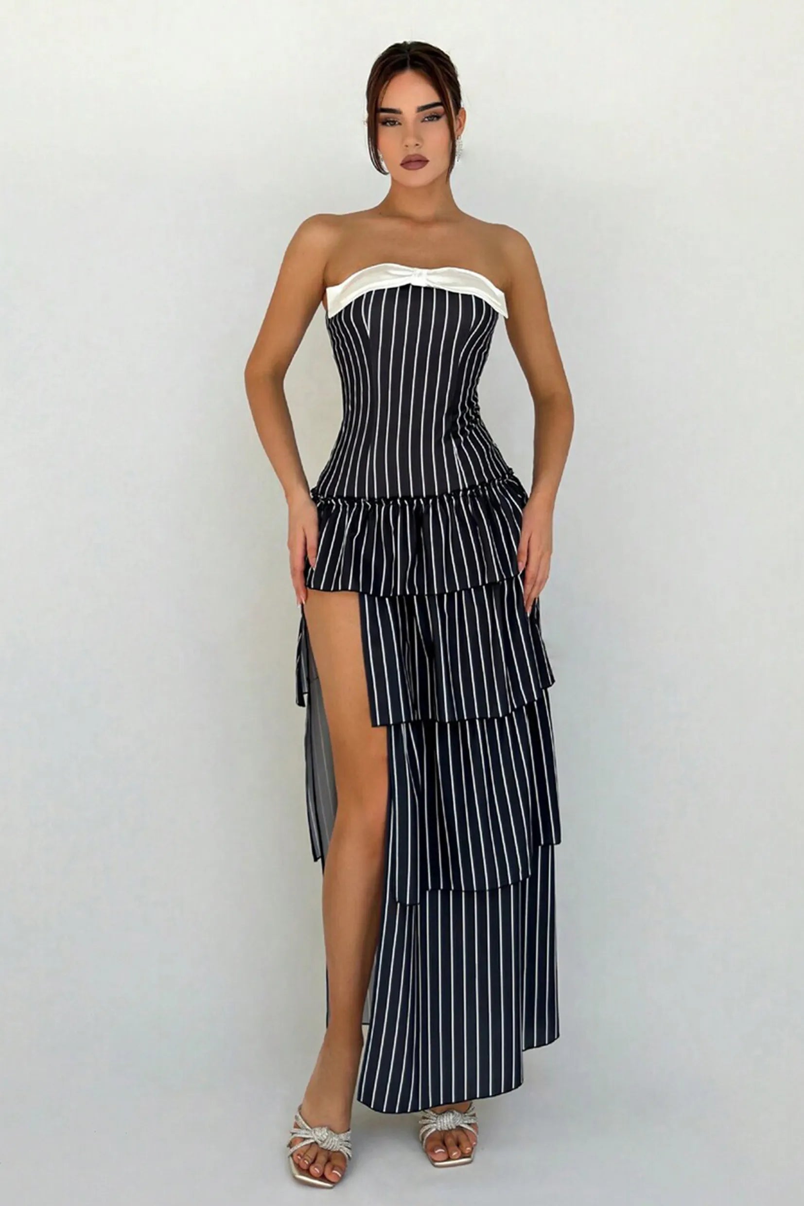 Stripe Bow Ruffle Split Maxi Dress