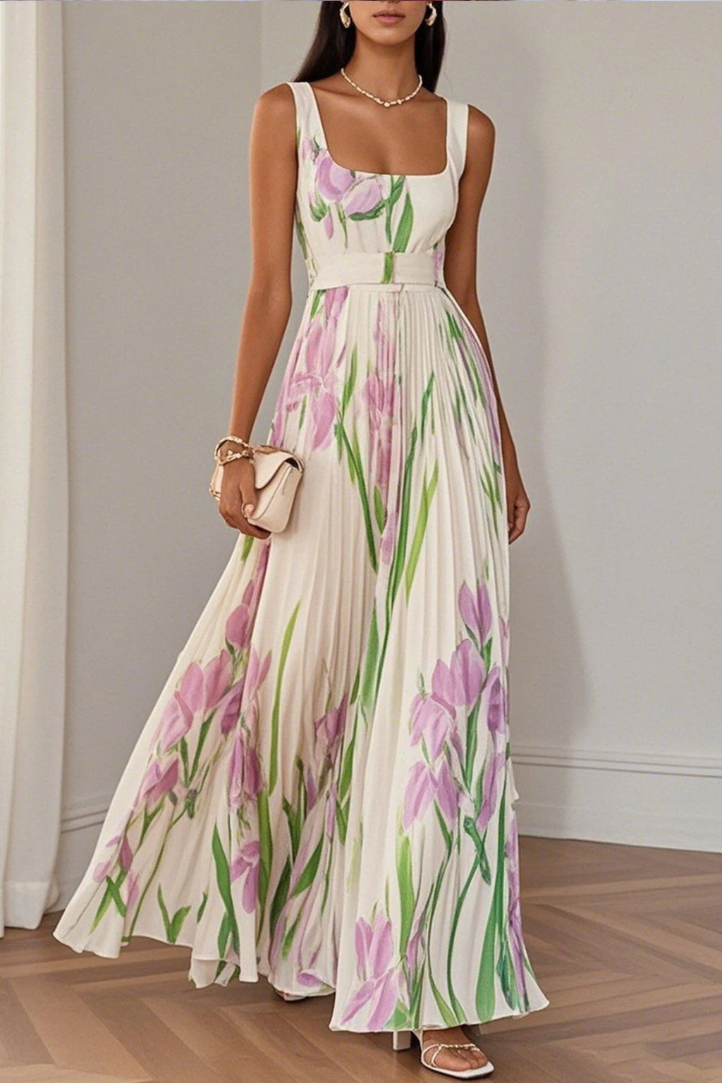 Pleated Floral Sleeveless A-Line Maxi Dress