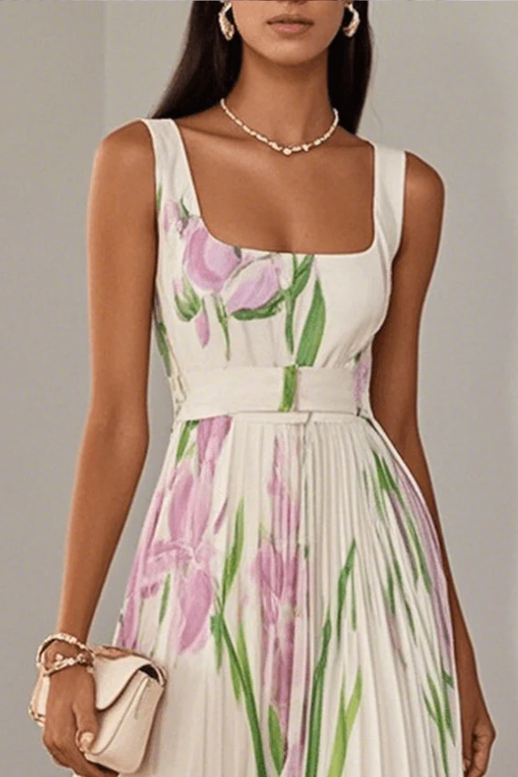 Pleated Floral Sleeveless A-Line Maxi Dress