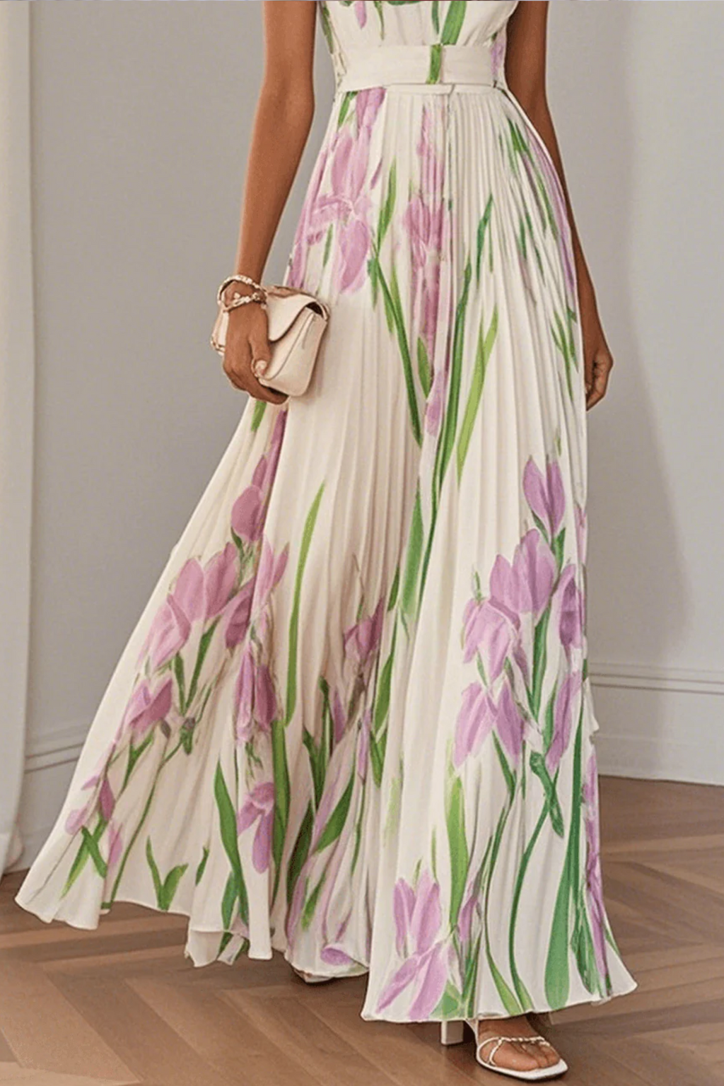 Pleated Floral Sleeveless A-Line Maxi Dress